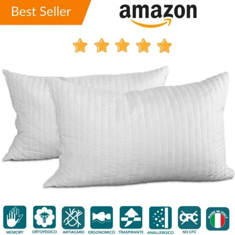 EVERGREENWEB - Coppia Cuscini Memory Foam Con Fodera Antiacaro 40x70 Alti 15cm 2 Guanciali Letto Per Dolori Cervicali Tessuto Sfoderabile Imbottitura 100% Fiocco Ideali X Tutti Materassi Offerta Prime