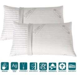 EVERGREENWEB - Coppia Cuscini Memory Foam Con Fodera SILVER 40x70 Alti 15cm 2 Guanciali Letto Per Dolori Cervicali Tessuto Sfoderabile Imbottitura 100% Fiocco Anallergico Ideali Per Tutti Materassi