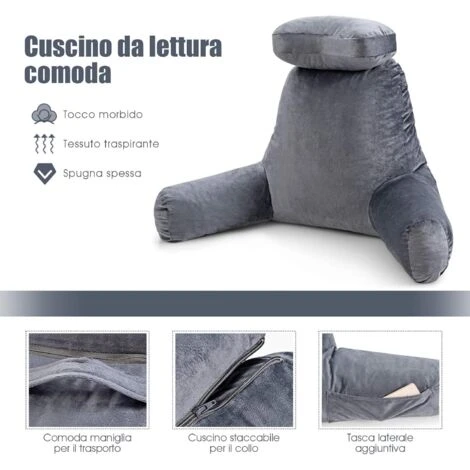 Cuscino Da Lettura Con Poggiatesta, Cuscino Di Letturacon Braccioli, Ideale Per Letto, Divano E Sedia, Imbottitura In Memory Foam,Grigio,100x73x56 Cm - immagine 3