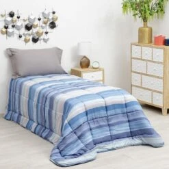 Baroni Home Trapunta Invernale - Piumone Caldo E Morbido - Righe Blu - Singolo - 170x260 Cm