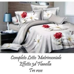 Trade Shop - Completo Da Letto In Flanella Effetto 3d Lenzuolo Con Federe Copricuscini Rose