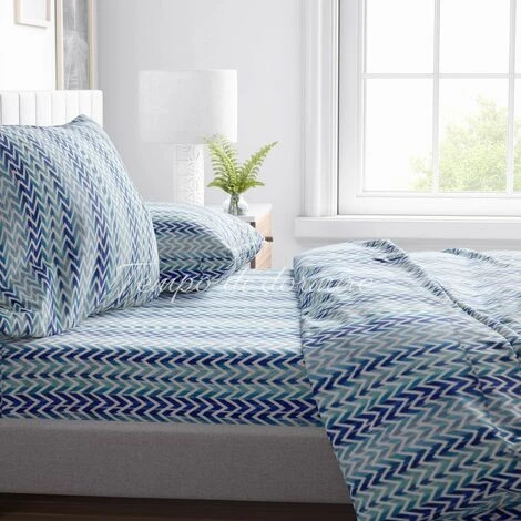 COMPLETO LENZUOLO In Morbida Microfibra ZIG ZAG Blu Matrimoniale 2 PIAZZE No Stiro