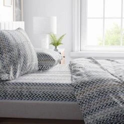 COMPLETO LENZUOLO In Morbida Microfibra ZIG ZAG Beige Matrimoniale 2 PIAZZE No Stiro