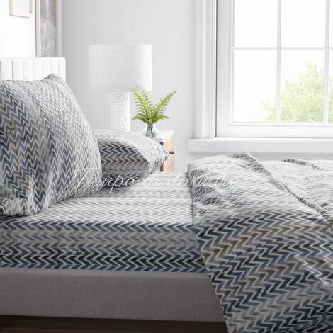 COMPLETO LENZUOLO In Morbida Microfibra ZIG ZAG Beige Matrimoniale 2 PIAZZE No Stiro