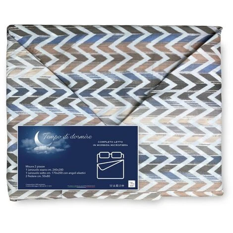 COMPLETO LENZUOLO In Morbida Microfibra ZIG ZAG Beige Matrimoniale 2 PIAZZE No Stiro - immagine 2