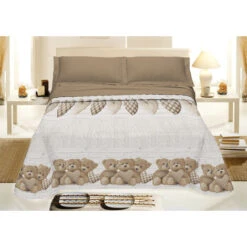 Copriletto Estivo Made In Italy 100% Cotone Piquet Singolo Matrimoniale Orsetti Beige - 1 Piazza