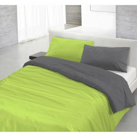 Copripiumino Sacco+federa 100%cotone Made In Italy 3 Misure Bicolore Tinta Unita Verde Acido/Fumo - 1 Piazza