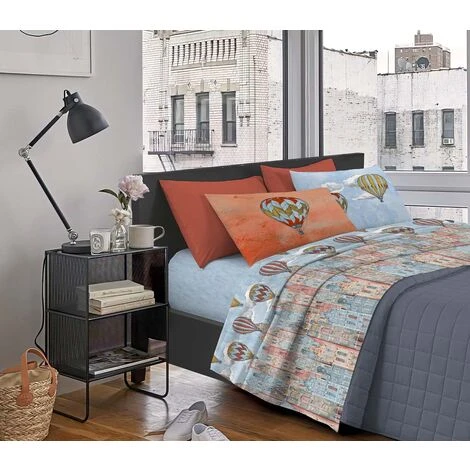 Completo Letto Lenzuola, Parure, Fantasia Mongolfiera Linea Volare 100% Cotone, Made In Italy Arancione - Singolo