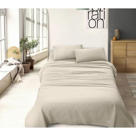 Completo Letto Misura Alla Francese A Tinta Unita Prodotto Italiano Set Lenzuola 100% Cotone Beige - Francese