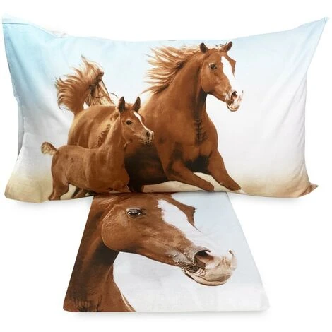 COMPLETO LENZUOLO COPRILETTO Stampa DIGITALE CAVALLI In CORSA Con Sacco KEEP MATRIMONIALE 2 Piazze - immagine 2