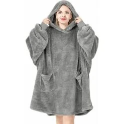 WOLTU Coperta Con Cappuccio E Maniche. Coperta Felpa In Flanella Con 2 Grandi Tasche. Morbida E Calda Per Donne E Uomini. Come Coperta TV. Grigio. 107x90cm