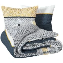 Set Letto Stampato Etnico Blu 240x220 - Set Di Biancheria Da Letto A Righe Etniche Blu, In Cotone, Dimensioni L. 240 X L. 220 Federe: L. 65 X L. 65 Cm - Atmosphera Créateur D'intérieur