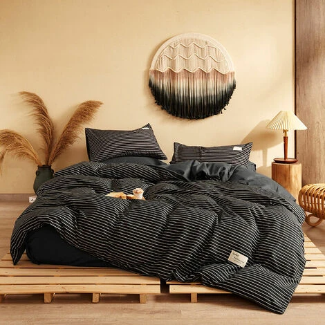 Completo Letto Copripiumino Con Chiusura A Cerniera, Con 2 Federe, Set Di Biancheria Da Letto In Quattro Pezzi In Puro Cotone Spazzolato Spesso Per Autunno E Inverno (strisce Nero Carbone) - immagine 5